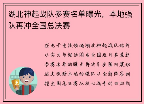湖北神起战队参赛名单曝光，本地强队再冲全国总决赛